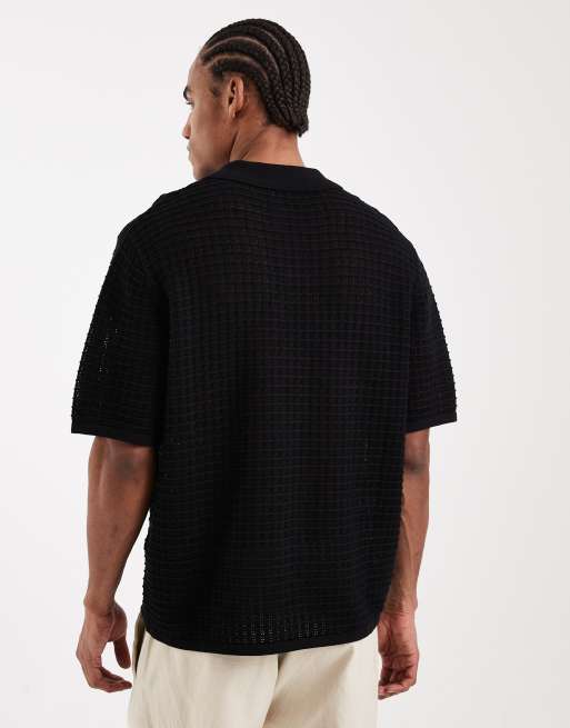 Jack & Jones – Svart, stickad pikétröja med sprund, 3 av 5