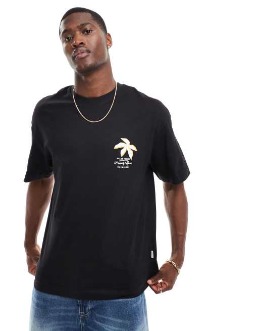 Jack & Jones – Svart t-shirt i oversize med blomtryck i 3D