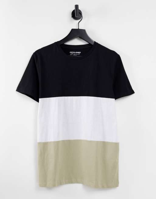 Jack & Jones – Svart, vit och beige blockfärgad t-shirt