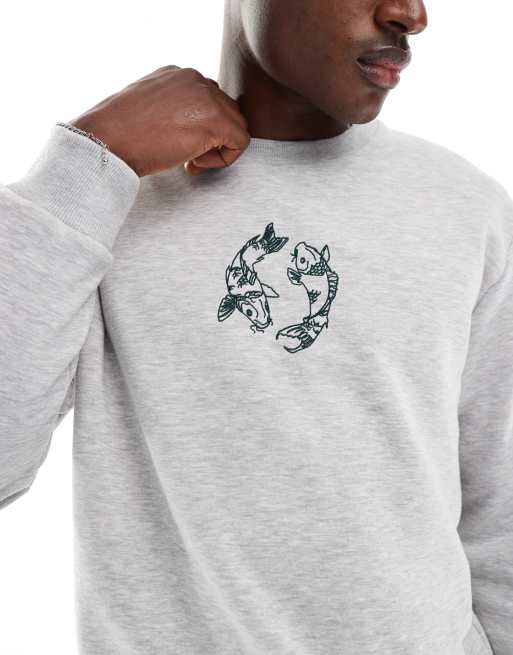 Jack & Jones - Sweat oversize avec broderie carpes - Gris clair chiné, 2 de 4
