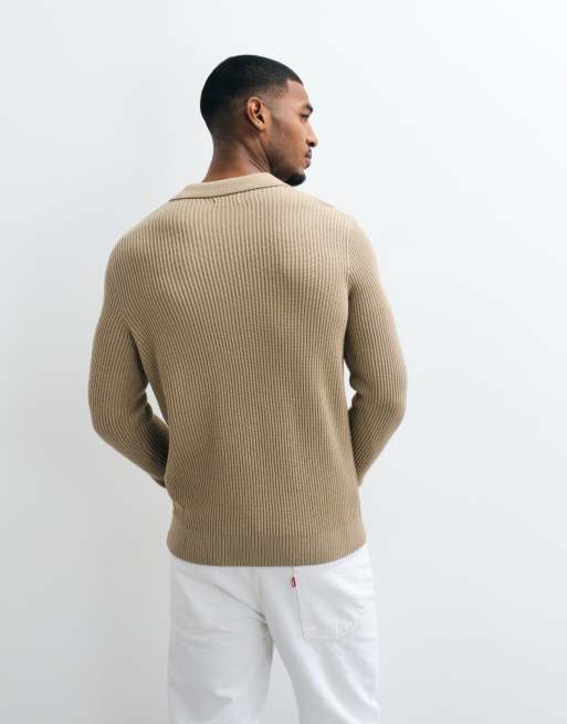 Jack & Jones sweter polo z drobnego ściągacza w beżu, 3 z 5