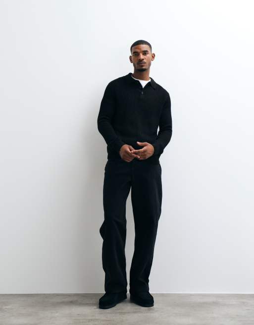 Jack & Jones sweter polo z drobnego ściągacza w czerni, 2 z 5