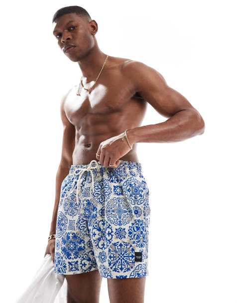 Jack & Jones swim shorts in white/blue tile print - view 1
