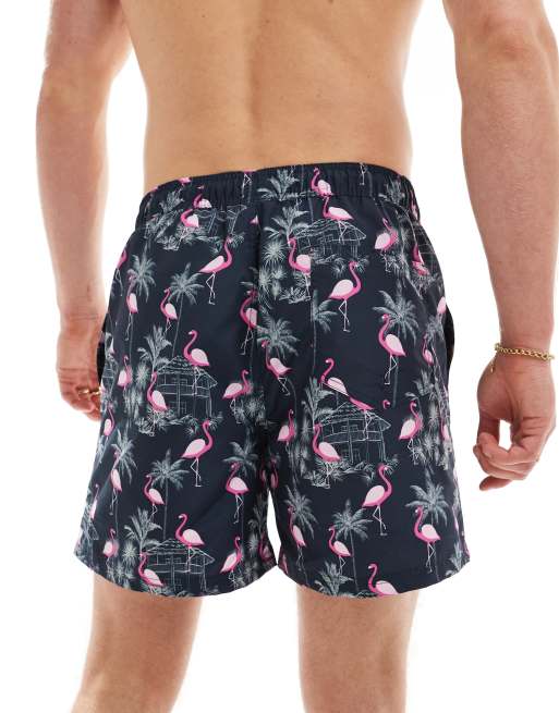 Jack & Jones swim shorts with flamingo print in navy , 3 of 4