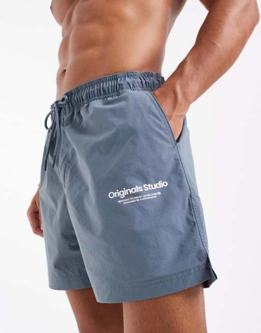 Jack & Jones swim shorts with originals logo in mid blue, 3 of 4