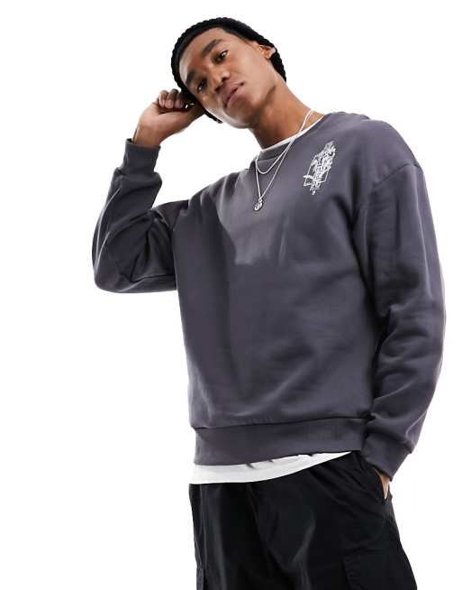 Jack & Jones – Szara bluza dresowa oversize z okrągłym dekoltem i nadrukiem z motywem kwiatów na plecach