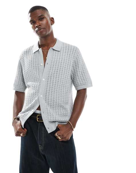 Jack & Jones knit button through polo in grey