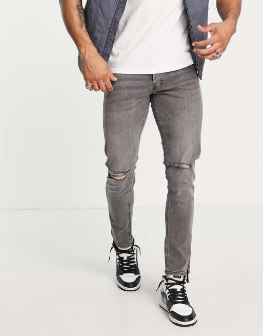 Jack & Jones – Szare dopasowane jeansy z przedarciami