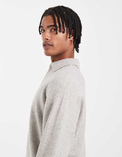 Jack & Jones – Szary sweter z dzianiny bouclé z kołnierzykiem polo, 4 z 5