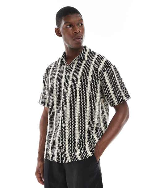 Jack & Jones crochet stripe shirt in black
