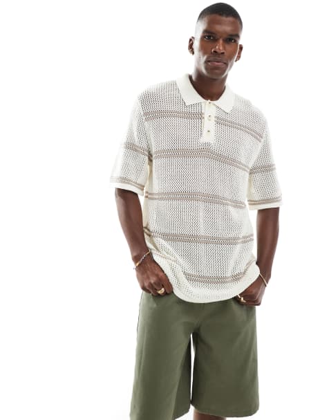 Jack & Jones crochet knit polo in cream