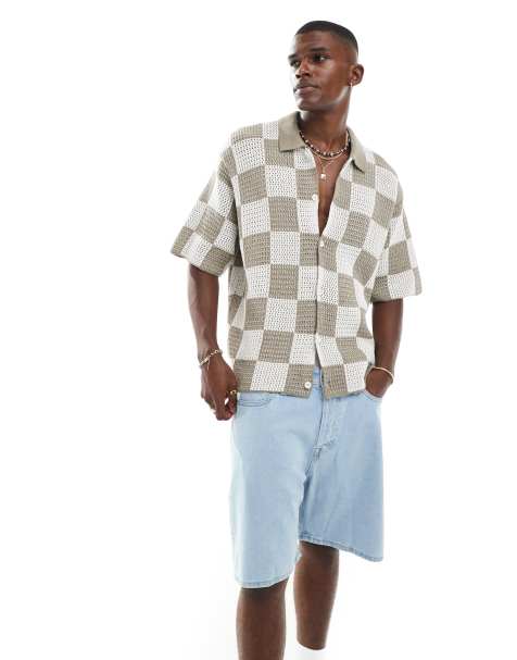 Jack & Jones checkerboard crochet shirt in beige