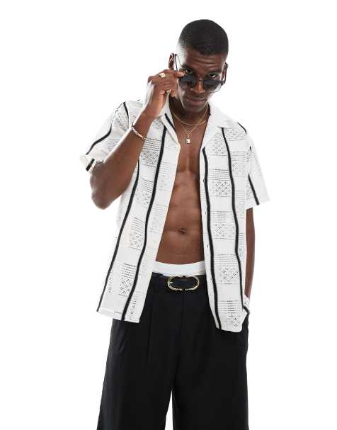 Jack & Jones crochet shirt with black piping in cream