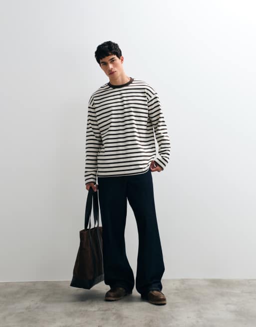 Jack & Jones - T-shirt a maniche lunghe color crema e marrone a righe, 5 di 5