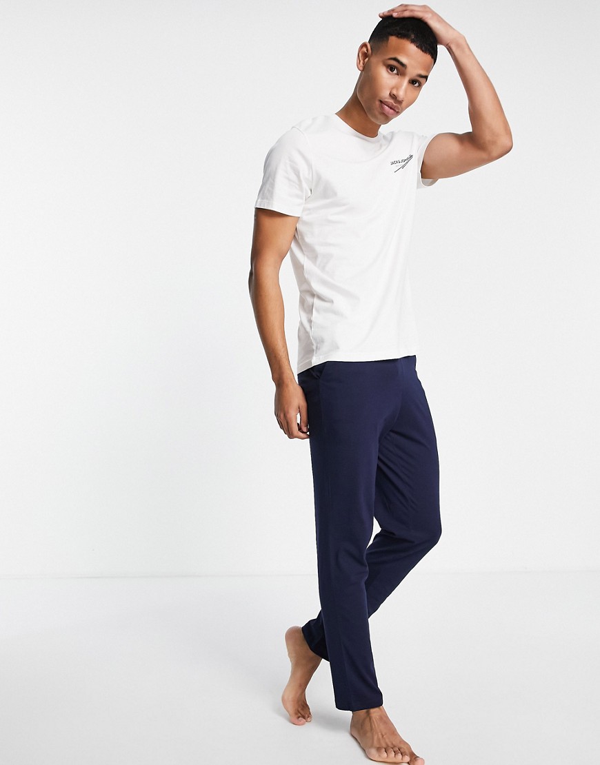 Jack & Jones T-shirt and pants lounge set in white and navy-Multi
