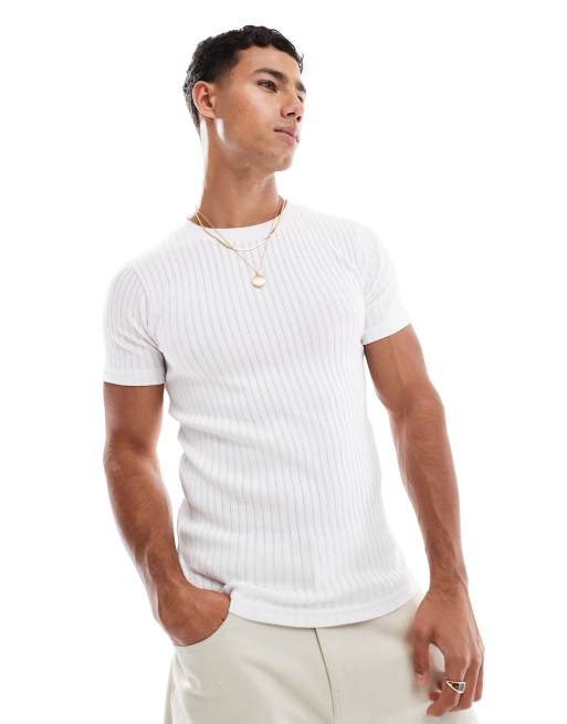 Jack & Jones - T-Shirt attillata a coste bianca