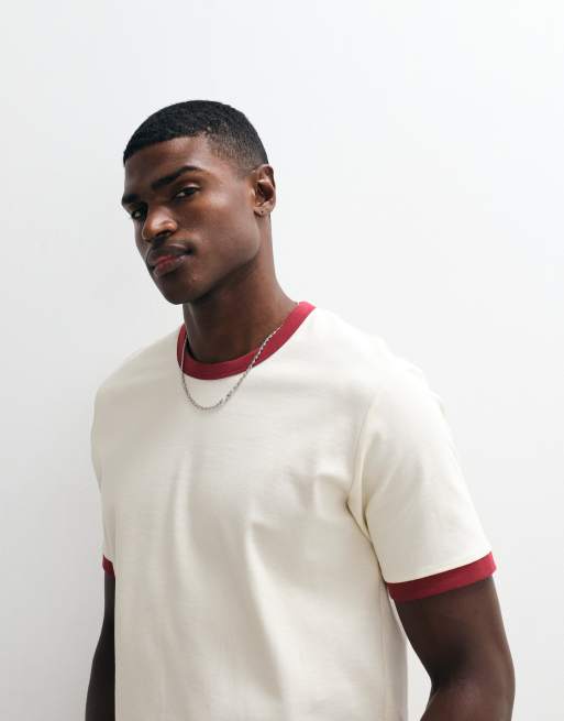 Jack & Jones - T-shirt color crema e rossa con bordi a contrasto, 5 di 5
