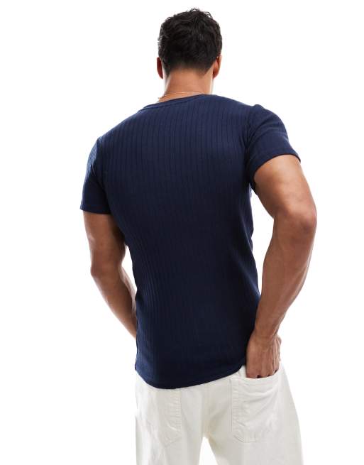 Jack & Jones - T-shirt côtelé moulant - Bleu marine