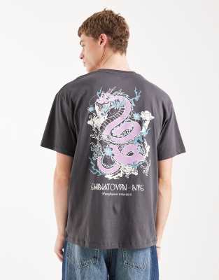 T-Shirt in Anthrazit mit Drachenmotiv auf dem Rücken-Grau Grau S