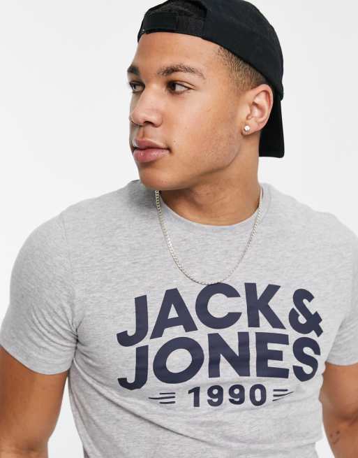 Jack & Jones – T-Shirt in Grau mit Logo und Rundhalsausschnitt