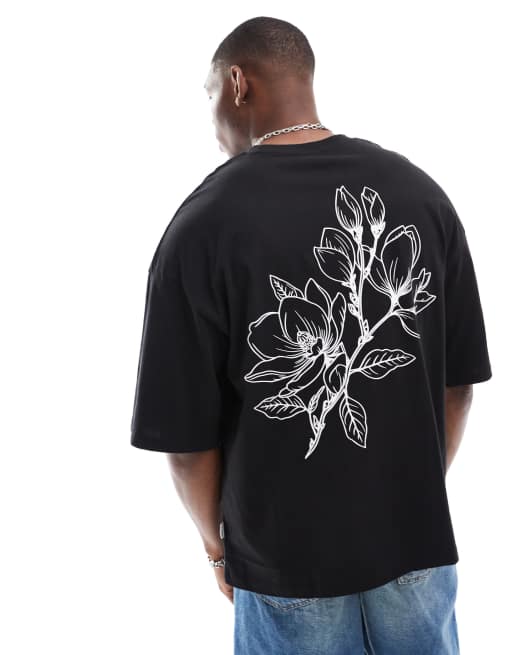 Jack & Jones – T-Shirt in Schwarz mit extremer Oversize-Passform und Blumen-Rückenprint