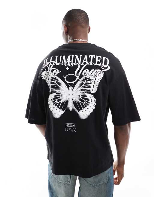 Jack & Jones – T-Shirt in Schwarz mit extremer Oversize-Passform und Schmetterlings-Rückenprint