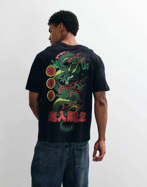Jack & Jones T-Shirt in Schwarz mit japanischem grünen Drachen-Backprint - view 1