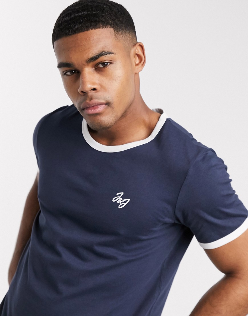 Jack & Jones – T-shirt med kantrand-Marinblå