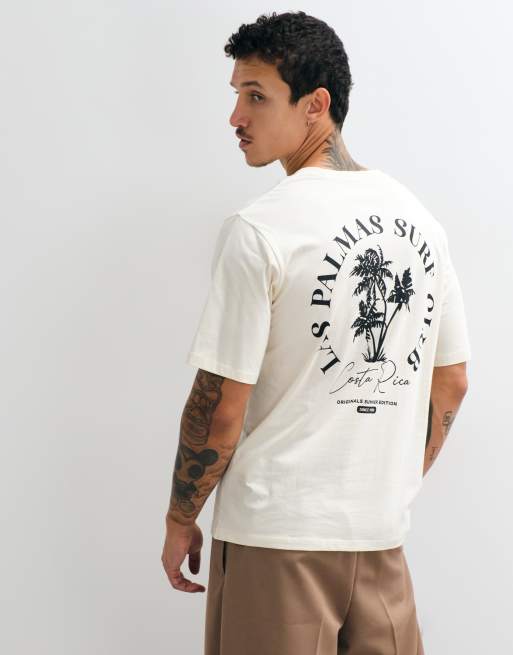Jack & Jones T-shirt med palmetryksprint på ryggen i beige, 5 af 5