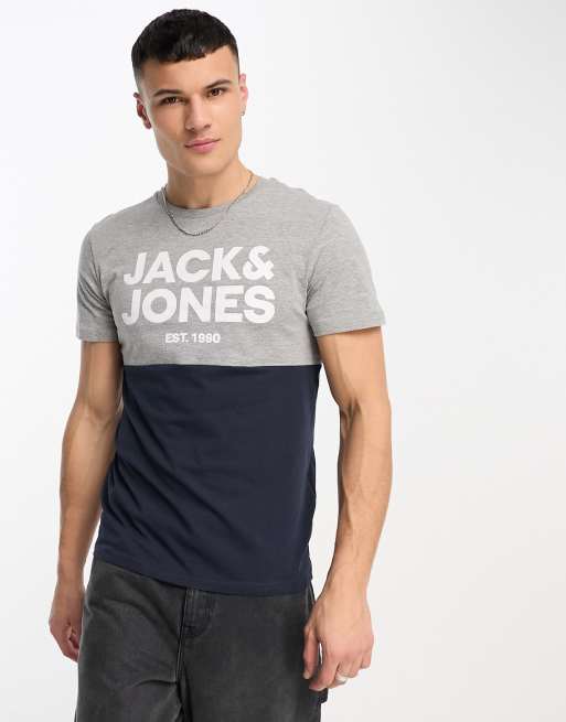 Jack & Jones - T-shirt met kleurvlakken in lichtgrijs en marineblauw
