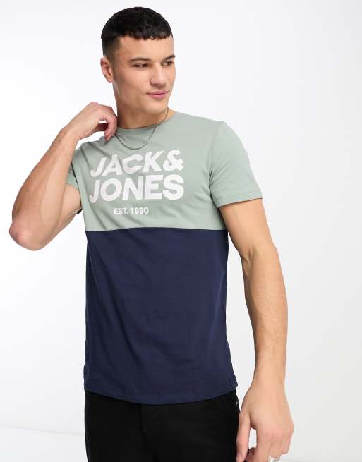 Jack & Jones – T-Shirt mit Blockfarben-Design in Blassgrün und Marineblau