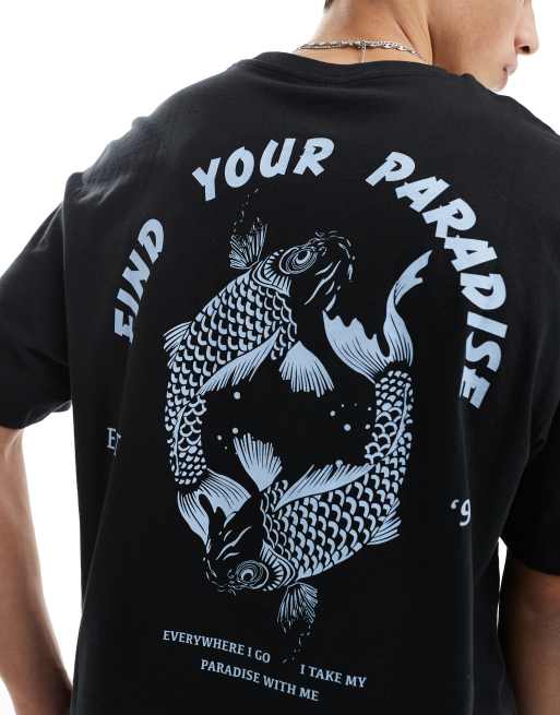 Jack & Jones - T-shirt nera super oversize con stampa di carpe Koi sul retro , 2 di 4