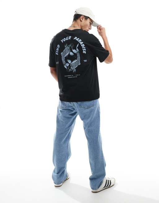 Jack & Jones - T-shirt nera super oversize con stampa di carpe Koi sul retro , 3 di 4