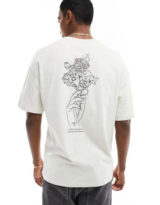 Jack & Jones - T-shirt oversize avec imprimé fleurs esquissées au dos - Beige 