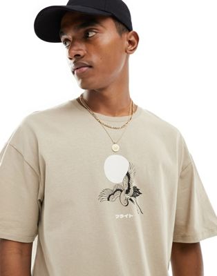 Jack & Jones oversized t-shirt with crane chest print in beige  - ASOS Price Checker