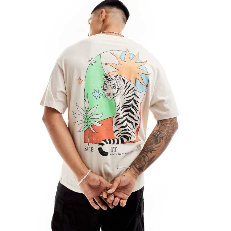 Jack Jones T-shirt oversize avec imprimé tigre coloré au dos