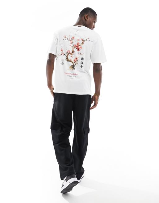 Jack & Jones - T-shirt oversize bianca con stampa sul retro di ciliegio in fiore