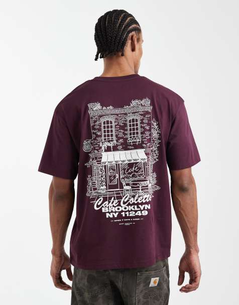 Jack & Jones - T-shirt oversize bordeaux con stampa di caffè sul retro - view 1