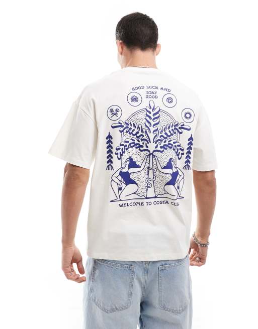 Jack & Jones - T-shirt oversize color écru con stampa di palme sul retro