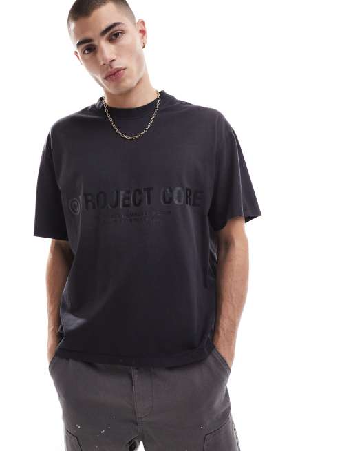 Jack & Jones - T-shirt oversize corta nero slavato con stampa Project Core