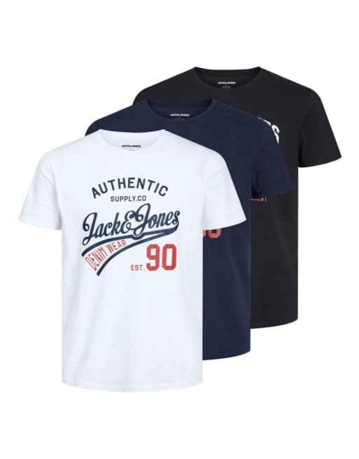 Jack & Jones – T-Shirts im Dreierpack in Schwarz, Marineblau und Weiß