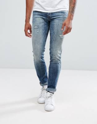 Jack & Jones TALL Intelligence Jeans In Slim Fit With Open Rips