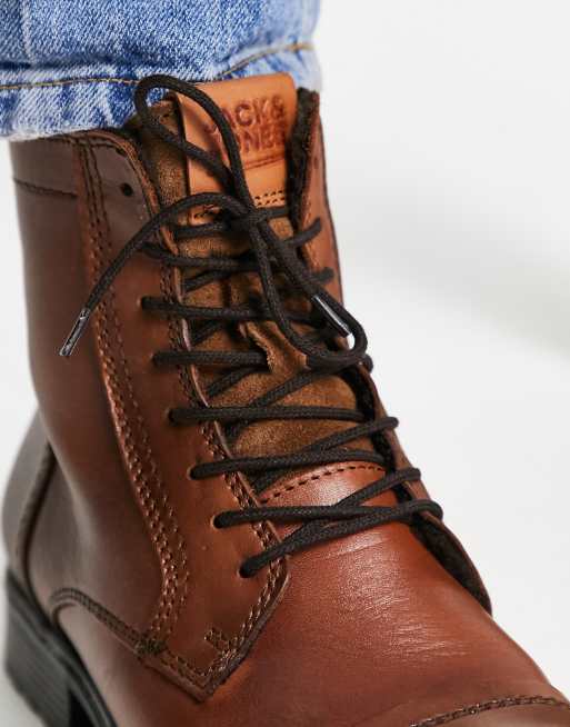 Jack & Jones tall leather boot with borg fleece lining in brown