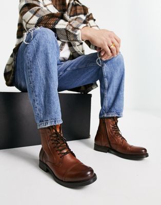 Jack & Jones tall leather boot with borg lining in brown