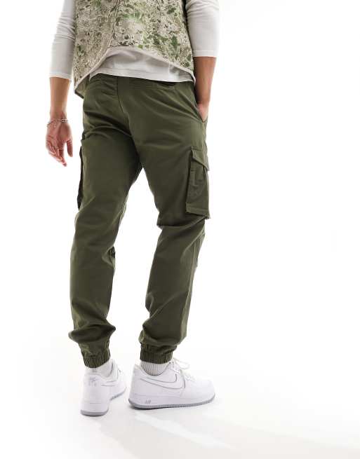 Jack & Jones - Tapered mørkegrønne cargobukser med tætsiddende kanter, 3 af 5