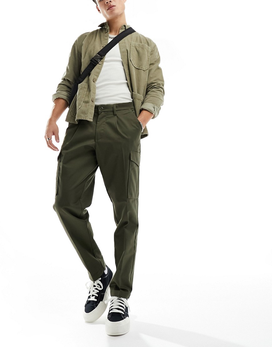 Jack & Jones tapered smart cargo trouser with front pleat in khaki-Green