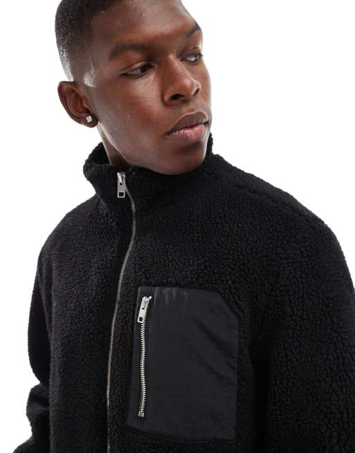 Jack Jones teddy fleece jacket in black ASOS