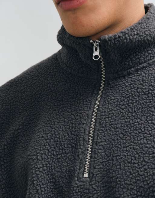 Jack & Jones teddy half zip fleece in charcoal gray, 3 of 5