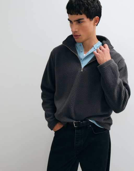 Jack & Jones teddy half zip fleece in charcoal gray, 4 of 5