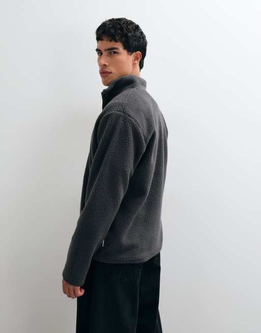 Jack & Jones teddy half zip fleece in charcoal gray, 5 of 5